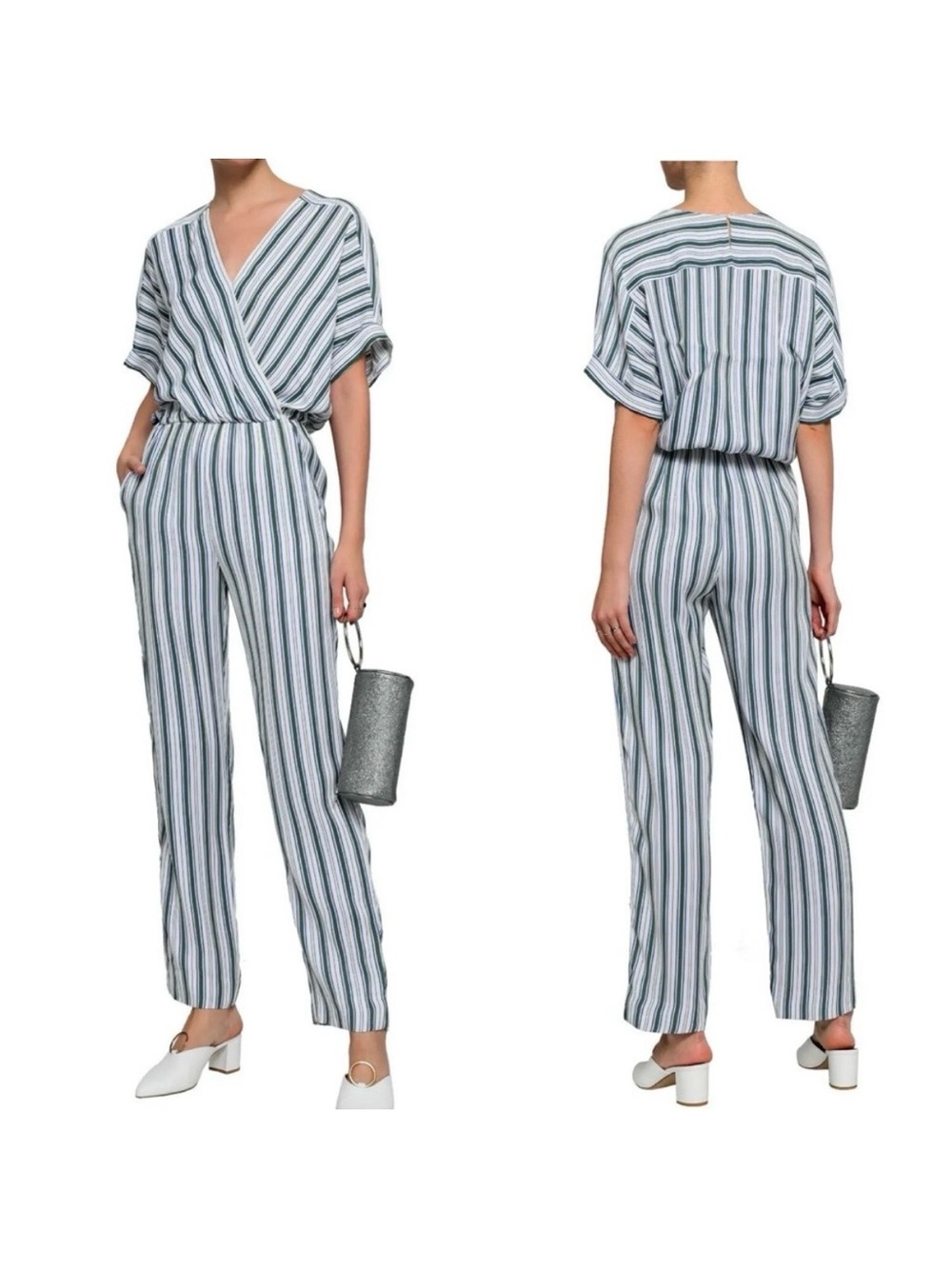 Maje Pando Pandora Striped Twill Relaxed Jumpsuit: Green/White/Blue Faux Wrap